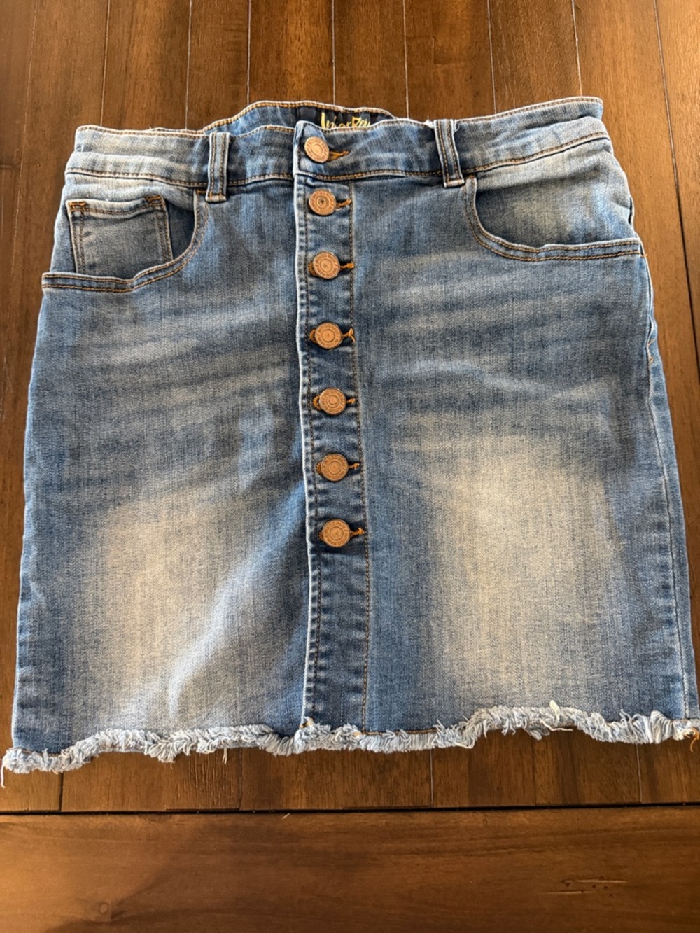 Indigo Rein Light Blue Button-Front Frayed Denim Mini Skirt